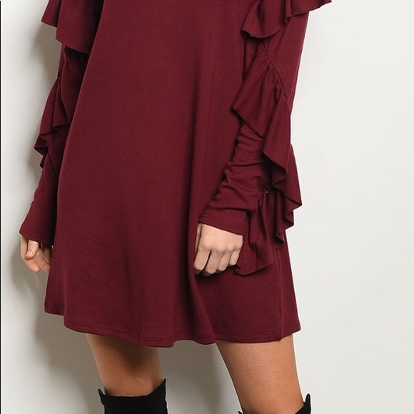 WINE RUFFLE LONG SLEEVE DESIGN DRESS - Picture 4 of 8